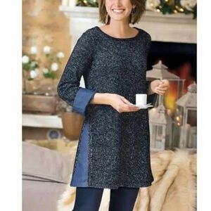 Soft Surroundings Bexley Pullover Black Marled Denim Accent Sweater Size LG PT